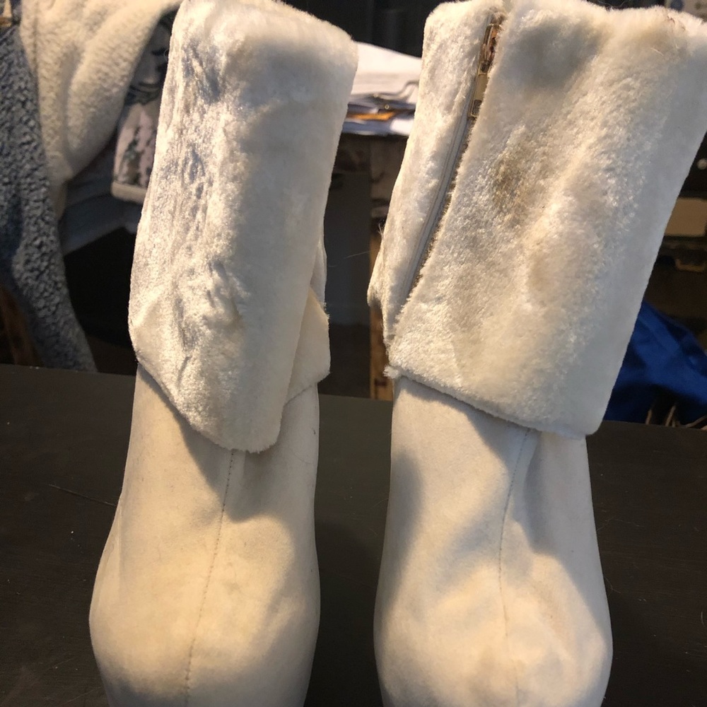 Off white suede and faux fur heeled booties